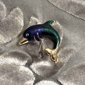 Golden Dolphin Broche with Green and Blue Jewel Tones